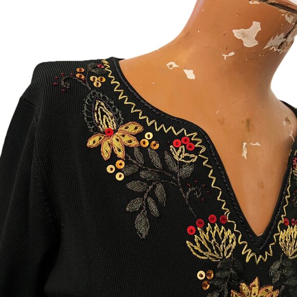 Crossing Pointe Knit Blouse Embroidered Sequin Fall Flowers Medium Cottage NEW - Picture 4 of 6